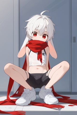 solo,male,shota,lop_boy,long ear,white ear,white hair,red eyes,BREAK,
red scarf, torn scarf,BREAK,
sneakers,crop_top,
m_legs,wet,
score_9,score_8_up,score_7_up,score_6_up,score_5_up,score_4_up,masterpiece,