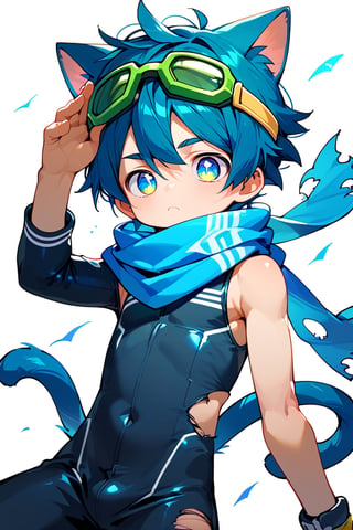 score_9,score_8_up,score_7_up,score_6_up,score_5_up,score_9_up,tag score,source_anime,
1boy,solo,male focus,blue cat ears shota,blue tail,blue pupils,blue hair,
(black sleeveless bodysuit),blue (torn scarf),sneakers,green (goggle) on head,
best quality, amazing quality, best aesthetic,
Perfect Hands,