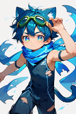 score_9,score_8_up,score_7_up,score_6_up,score_5_up,score_9_up,tag score,source_anime,
1boy,solo,male focus,blue cat ears shota,blue tail,blue pupils,blue hair,
(black sleeveless bodysuit),blue (torn scarf),sneakers,green (goggle) on head,
best quality, amazing quality, best aesthetic,
Perfect Hands,