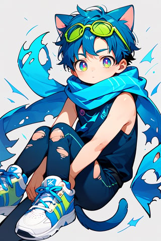 score_9,score_8_up,score_7_up,score_6_up,score_5_up,score_9_up,tag score,source_anime,
1boy,solo,male focus,blue cat ears shota,blue tail,blue pupils,blue hair,
(black sleeveless bodysuit),blue (torn scarf),sneakers,green (Ski glasses) on head,
best quality, amazing quality, best aesthetic,
Perfect Hands,