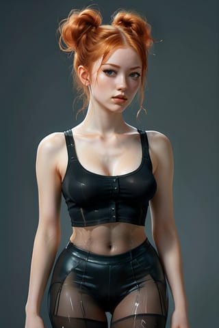 A detailed digital illustration of a young woman with ginger hair styled in high pigtails, wearing a black transparent cropped tank top that is slightly tattered. (((huge breast:1.4))), (((pantyhose))), (((tight_miniskirt)))
,pointy breasts