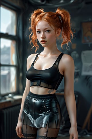 A detailed digital illustration of a young woman with ginger hair styled in high pigtails, wearing a black transparent cropped tank top that is slightly tattered. (((huge breast:1.4))), (((pantyhose))), (((tight_miniskirt)))
,pointy breasts