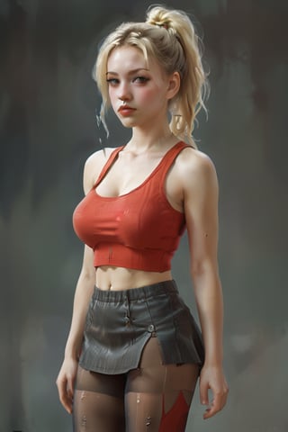 A detailed digital illustration of a young woman with blonde hair styled in high pigtails, wearing a red cropped tank top that is slightly tattered. (((huge breasts))), (((pantyhose))), tight_miniskirt
