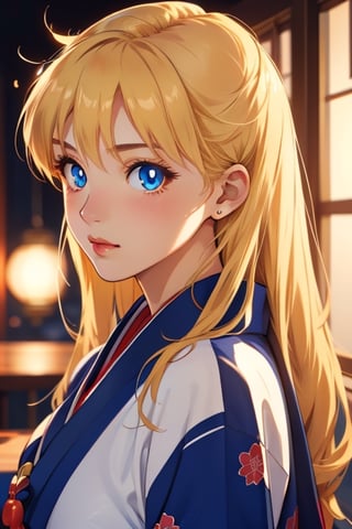 An incredibly beautiful young femme fatale is a golden-haired blonde with long hair and blue eyes, dressed in traditional kimono. Masterpiece, perfect image, realistic shots, detailed study of the face, full-length image, 8k, detailed image. extremely detailed illustration, a real masterpiece of the highest quality, with careful drawing.,1woman,blonde hair,blue eyes, sailor Venus sv1,sv1,kimono, in full growth, 