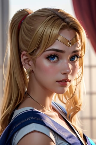 An incredibly beautiful young femme fatale is a golden-haired blonde with two bunches on her head and two long tails, blue-eyed, dressed in a traditional white saree. Masterpiece, perfect image, realistic shots, detailed study of the face, full-length image, 8k, detailed image. extremely detailed illustration, a real masterpiece of the highest quality, with careful drawing. ,sailor moon,indian,serena tsukino,Indian dress,sari,aausagi