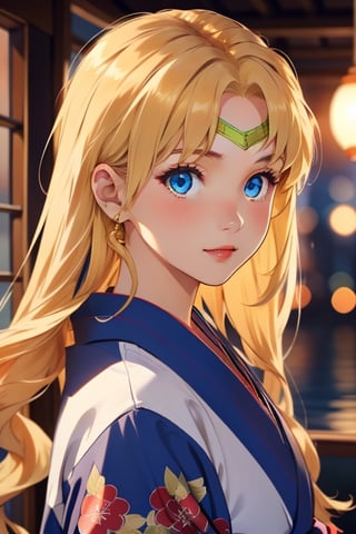 An incredibly beautiful young femme fatale is a golden-haired blonde with long hair and blue eyes, dressed in traditional kimono. Masterpiece, perfect image, realistic shots, detailed study of the face, full-length image, 8k, detailed image. extremely detailed illustration, a real masterpiece of the highest quality, with careful drawing.,1woman,blonde hair,blue eyes, sailor Venus sv1,sv1,kimono, in full growth, ,aausagi