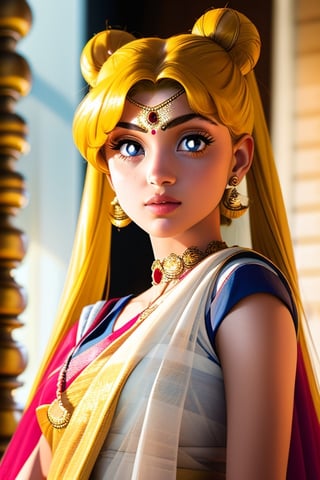 An incredibly beautiful young femme fatale is a golden-haired blonde with two bunches on her head and two long tails, blue-eyed, dressed in a traditional white saree. Masterpiece, perfect image, realistic shots, detailed study of the face, full-length image, 8k, detailed image. extremely detailed illustration, a real masterpiece of the highest quality, with careful drawing. ,sailor moon,indian,serena tsukino,Indian dress,sari