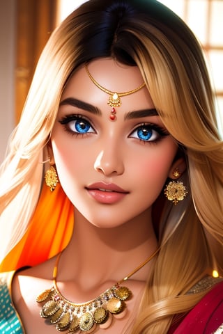 An incredibly beautiful young femme fatale is a golden-haired blonde with two bunches on her head and two long tails, blue-eyed, dressed in a traditional white saree. Masterpiece, perfect image, realistic shots, detailed study of the face, full-length image, 8k, detailed image. extremely detailed illustration, a real masterpiece of the highest quality, with careful drawing. ,sailor moon,indian,serena tsukino,Indian dress,sari,aausagi,Saree,saree