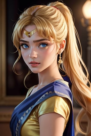 An incredibly beautiful young femme fatale is a golden-haired blonde with two bunches on her head and two long tails, blue-eyed, dressed in a traditional white saree. Masterpiece, perfect image, realistic shots, detailed study of the face, full-length image, 8k, detailed image. extremely detailed illustration, a real masterpiece of the highest quality, with careful drawing. ,sailor moon,indian,serena tsukino,Indian dress,sari,aausagi