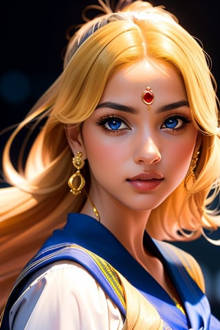 An incredibly beautiful young femme fatale is a golden-haired blonde with two bunches on her head and two long tails, blue-eyed, dressed in a traditional white saree. Masterpiece, perfect image, realistic shots, detailed study of the face, full-length image, 8k, detailed image. extremely detailed illustration, a real masterpiece of the highest quality, with careful drawing. ,sailor moon,indian,serena tsukino,Indian dress,sari,aausagi