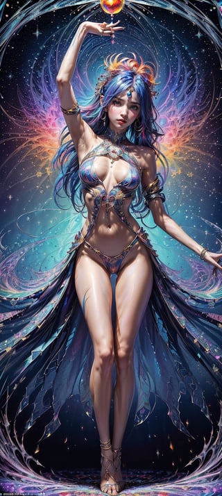 extreme detailed, (masterpiece), (top quality), (best quality), (official art), (beautiful and aesthetic:1.2), (stylish pose), (1 woman), (fractal art: 1.3), (colorful), (stunning, cute girl stands proudly amidst a kaleidoscope of colors in an otherworldly landscape. Her fantastical attire sparkles with intricate details, while her mesmerizing, deep blue glowing eyes seem to pierce through the air. Multicolored hair flows down her back like a rainbow, adorned with gleaming hair ornaments that catch the light. Her face is a work of art, with picture-perfect features and a serious, threatening expression that commands attention. Her slender physique is accentuated by a tantalizing thigh gap. Amber and red hues dance across her skin as she stands amidst an ethereal sky filled with abstract clouds and fantastical structures. The air is electric with the promise of adventure in this sci-fi fantasy world theme: 1.5), full body, 1girl, slim body, petite, skinny, very long hair, wave hair, looking at viewer, 