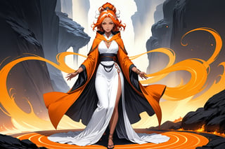 masterpiece, beautiful and aesthetic, ultra detail, intricate, 1female, 40 years old, detailed character design, sorceress, mysterious, a red mole on forehead, orange eyes, hoop earrings, (medium hair, updo, Split-color Hair, white Hair, Orange Hair), hair flower, bangle, short stature, tan skin, hooded cloak, (Taoist long robe, orange), cane, full body, dynamic pose, her hands crackling with arcane energy, standing on lava, smokey, mysterious colorful, magic effect, Sketch art, cross-hatching, colored pencil painting, limited palette, in heavenly palace