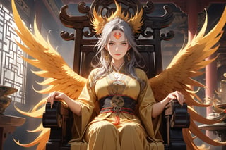 masterpiece, beautiful and aesthetic, ultra detail, intricate, 1female, solo, 50 years old, detailed character design, manly, (a phoenix tattoo on forehead:1.5), (domineer expression), golden eyes, crescent earrings, (short and messy hair, gradient hair, multicolored hair), (short stature, golden feather wings), (Hanfu, feather), embodying the spirit of the wild, dynamic pose, (sitting on throne chair), a phoenix, indoors, in the Chinese temple