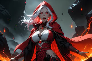 masterpiece, beautiful and aesthetic, ultra detail, intricate, 1female, 40 years old, detailed character design, sorceress, mysterious, (evil expression:1.5), (open mouth:2), (a red mole on forehead:1.2), red eyes, hoop earrings, medium hair, (Split-color Hair, white Hair, red Hair), bangle, short stature, big breasts, red cloak, (hood up:1.5), (Taoist robe, pants, orange), (from side:1.5), (spread arms:1.2), standing on lava, smokey, mysterious colorful, magic effect