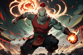 masterpiece, beautiful and aesthetic, ultra detail, intricate, 1male, solo, Berserker, Chinese mythology story, broad cheeks, (face burn scar), fierce expression, Buck-toothed, (thick eyebrows, red eyebrows), big eyes, aquiline nose, (bald, a red bun), (light green skin), (arm tattoo, tribal tattoo), giant, developed muscles, thick legs, barefoot, (red tank top), bracer, black pants, anklet, (from front), dynamic pose, powerful pose, the battle stance, Chinese martial arts animation style, sparks, battlefield scene