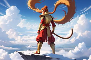 masterpiece, beautiful and aesthetic, ultra detail, intricate, 1male, solo, Monkey King, (monkey features:1.5), detailed character design, red hafu, golden armor, (far away shot:1.5), (back view:1.5), dynamic pose, (spread arms), (standing on the clouds:1.5), sky, clouds 