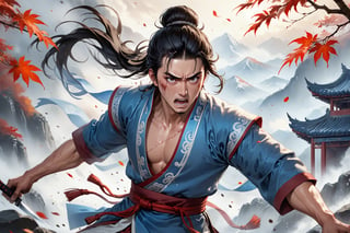 masterpiece, beautiful and aesthetic, ultra detail, intricate, (solo, 1male:1.5), 25 years old, detailed character design, Chinese mythology story, a heavenly guardian, manly, bushy eyebrows, wide eyes, wide jaw, (black hair, a single hair bun), tall and lean, (Han Chinese clothing, brown). A masterpiece of agony: Brutally assaulted by his opponent's countless stabs. Ultra-detailed intricate wounds cover his body, clothes shredded by razor-sharp knives, face contorted in pain as he stands unsteadily, teetering on the brink of collapse. Mountain, mists, autumn leaves fluttering around