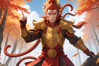 masterpiece, beautiful and aesthetic, ultra detail, intricate, 1male, solo, Monkey King, (monkey features:1.5), detailed character design, (serious expression:1.2), mouth open, red hafu, golden armor, (a finger point to the sky:1.5), outdoors, autumn leaves fluttering around, woods