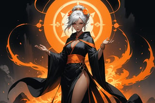 masterpiece, beautiful and aesthetic, ultra detail, intricate, 1female, 40 years old, detailed character design, sorceress, mysterious, a red mole on forehead, orange eyes, hoop earrings, (medium hair, updo, Split-color Hair, white Hair, Orange Hair), hair flower, bangle, short stature, tan skin, hooded cloak, (Taoist long robe, orange), cane, full body, dynamic pose, her hands crackling with arcane energy, standing on lava, smokey, mysterious colorful, magic effect, Sketch art, cross-hatching, colored pencil painting, limited palette, in heavenly palace