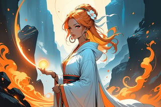 masterpiece, beautiful and aesthetic, ultra detail, intricate, 1female, 40 years old, detailed character design, sorceress, mysterious, a red mole on forehead, orange eyes, hoop earrings, (medium hair, updo, Split-color Hair, white Hair, Orange Hair), hair flower, bangle, short stature, tan skin, hooded cloak, (Taoist long robe, orange), cane, full body, dynamic pose, her hands crackling with arcane energy, standing on lava, smokey, mysterious colorful, magic effect, Sketch art, cross-hatching, colored pencil painting, limited palette, in heavenly palace