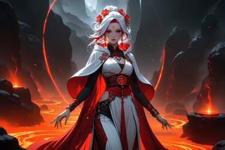 masterpiece, beautiful and aesthetic, ultra detail, intricate, 1female, 40 years old, detailed character design, sorceress, mysterious, (a red mole on forehead:1.2), red eyes, hoop earrings, (medium hair, traditional Chinese updo, Split-color Hair, white Hair, red Hair), hair flower, bangle, short stature, hooded cloak, (Taoist robe, pants, orange), cane, (full body:1.3), dynamic pose, her hands crackling with arcane energy, standing on lava, smokey, mysterious colorful, magic effect, in heavenly palace