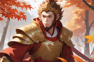 masterpiece, beautiful and aesthetic, ultra detail, intricate, 1male, solo, Monkey King, (monkey features:1.5), detailed character design, (have a drowsy look:1.5), red hafu, golden armor, outdoors, autumn leaves fluttering around, woods