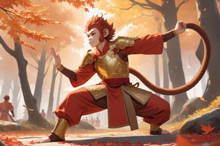 masterpiece, beautiful and aesthetic, ultra detail, intricate, 1male, solo, Monkey King, (monkey features:1.5), detailed character design, (gape:1.5), red hafu, golden armor, (stretch pose:1.5), outdoors, autumn leaves fluttering around, woods