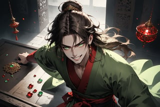 Dark Moody Atmosphere, {prompt}, dramatic, mysterious, dark moody atmosphere, masterpiece, beautiful and aesthetic, ultra detail, intricate, 1male, solo, 23 years old, detailed character design, delicate face, (evil expression), light green eyes, grin, brown long hair, a bun, red hanfu, from above, dynamic pose, action packed, (holding a pile of jewels), indoors, on ancient table