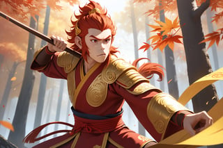 masterpiece, beautiful and aesthetic, ultra detail, intricate, 1male, solo, Monkey King, (monkey features:1.5), detailed character design, (serious expression:1.2), mouth open, red hafu, golden armor, (wields a golden long stick), dynamic pose, Chinese martial arts animation, outdoors, autumn leaves fluttering around, woods