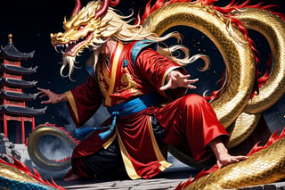 masterpiece, beautiful and aesthetic, ultra detail, intricate, 1man, solo, 55 years old, detailed character design, (Chinese dragon fetures, dragon eyes, dragon nose, dragon beard), blue face, glistening scales skin, domineering, (messy golden hair, red mane), (tall, fatty), golden imperial robe, full body, dynamic pose, Inspired by Chinese mythology story, dragon palace