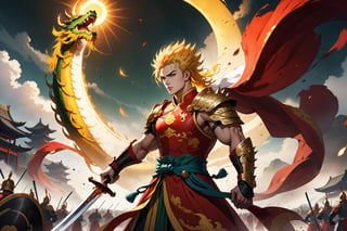 masterpiece, beautiful and aesthetic, ultra detail, intricate, 1male, 20 years old, detailed character design, a heavenly guardian, manly, epic, broad cheeks, (a sun mark on forehead), a look of determination, wide mouth, wide eyes, bushy eyebrows, (spiked hair, yellow hair), tall and strong, muscular, Han Chinese Clothing, Heaven Guard's armor, red armor, holding a Green Dragon Crescent Blade, from behind, dynamic pose, heroic stance, powerful pose, Chinese martial arts animation style,  battlefield scene, multiple warriors behind, Inspired by Chinese mythology story