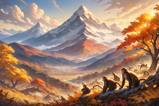 A masterpiece of autumnal splendor: a sweeping landscape featuring monkeys of varying sizes scattered across mountains and plains, their faces contorted in fierce roars as they vocalize at the peak of their lung capacity. The vibrant foliage of golden leaves rustles in the gentle breeze, creating a kaleidoscope of color around the primal scene.