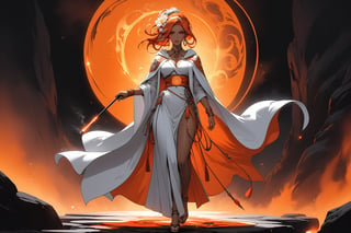 masterpiece, beautiful and aesthetic, ultra detail, intricate, 1female, 40 years old, detailed character design, sorceress, mysterious, a red mole on forehead, orange eyes, hoop earrings, (medium hair, updo, Split-color Hair, white Hair, Orange Hair), hair flower, bangle, short stature, tan skin, hooded cloak, (Taoist long robe, orange), cane, full body, dynamic pose, her hands crackling with arcane energy, standing on lava, smokey, mysterious colorful, magic effect, Sketch art, cross-hatching, colored pencil painting, limited palette, in heavenly palace