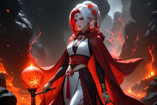 masterpiece, beautiful and aesthetic, ultra detail, intricate, 1female, 40 years old, detailed character design, sorceress, mysterious, (a red mole on forehead:1.2), red eyes, hoop earrings, (medium hair, traditional Chinese updo, Split-color Hair, white Hair, red Hair), hair flower, bangle, short stature, hooded cloak, (Taoist robe, pants, orange), cane, full body, dynamic pose, her hands crackling with arcane energy, standing on lava, smokey, mysterious colorful, magic effect, in heavenly palace