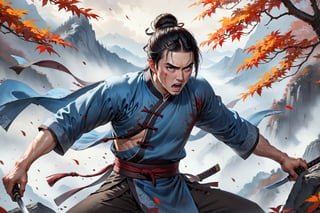 masterpiece, ultra detail, intricate, (solo, 1male:1.5), 25 years old, detailed character design, manly, bushy eyebrows, wide eyes, wide jaw, (black hair, a single hair bun), tall and lean, (Han Chinese clothing, brown). A masterpiece of brutal realism: He stands precariously, his entire body a testament to the vicious assault that has left him covered in dozens of stab wounds, clothes torn asunder by razor-sharp knives, and face marred by jagged cuts. His expression contorts in agony, eyes sunken with pain, as he teeters on the brink of collapse. Mountain, mists, autumn leaves fluttering around