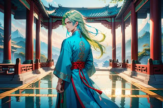 masterpiece, beautiful and aesthetic, ultra detail, intricate, solo, 1male, 25 years old, handsome, (long eyes, blue eyes), (long hair, Split-color Hair, Light Green Hair, Blue Hair), tall, (Han Chinese Clothing and green), flowing robe, (from behind), dynamic pose, heroic stance, creating a picturesque view of a heavenly palace, bathed in soft and ethereal light.