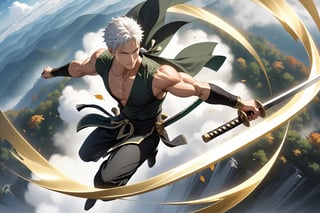 masterpiece, beautiful and aesthetic, ultra detail, intricate, 1male, solo, Roronoa Zoro features, detailed character design, (white hair), exquisite body, strong abdominal muscles, (golden armlet:1.2 ), (black half gloves), black martial arts belt, (black Hanfu, sleeveless), black lace-up ankle brace, (he holds the golden sword high in both hand:2), (leaping in the air:2), (from above:1.5), dynamic pose, dramatic arc of light and shadow, Chinese martial arts animation style, peak, white smokes, mists. forests, mists, autumn leaves fluttering around