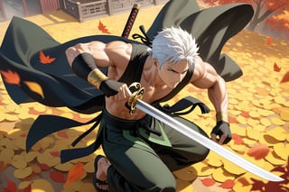 masterpiece, beautiful and aesthetic, ultra detail, intricate, 1male, solo, representation of the legendary martial artist, Roronoa Zoro features, detailed character design, serious expression, (white hair), exquisite body, strong abdominal muscles, (golden armlet:1.2), (black half gloves), black martial arts belt, (black Hanfu, sleeveless), black lace-up ankle brace, (he wields a single golden broadsword, unique and finely detailed), (from above:1.5), dynamic pose, he stands tall and resolute, exuding an air of strength and unwavering determination. Chinese martial arts animation style, autumn leaves fluttering around, Inspired by Chinese mythology story.