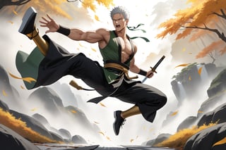 masterpiece, beautiful and aesthetic, ultra detail, intricate, 1male, solo, Roronoa Zoro features, detailed character design, fierce expression, open mouth, yelling, (white hair), exquisite body, strong abdominal muscles, (golden armlet:1.2 ), (black half gloves), black martial arts belt, (black Hanfu, sleeveless), black lace-up ankle brace, (he holds the golden sword high in both hand:2), (leaping in the air:2), (from above:1.5), dynamic pose, dramatic arc of light and shadow, Chinese martial arts animation style, peak, white smokes, mists. forests, mists, autumn leaves fluttering around