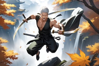 masterpiece, beautiful and aesthetic, ultra detail, intricate, 1male, solo, Roronoa Zoro features, detailed character design, fierce expression, open mouth, yelling, (white hair), exquisite body, strong abdominal muscles, (golden armlet:1.2 ), (black half gloves), black martial arts belt, (black Hanfu, sleeveless), black lace-up ankle brace, (he holds the golden sword high in both hand:2), (leaping in the air:2), (from above:1.5), dynamic pose, dramatic arc of light and shadow, Chinese martial arts animation style, peak, white smokes, mists. forests, mists, autumn leaves fluttering around