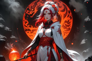 masterpiece, beautiful and aesthetic, ultra detail, intricate, 1female, 40 years old, detailed character design, sorceress, mysterious, (a red mole on forehead:1.2), red eyes, hoop earrings, (medium hair, traditional Chinese updo, Split-color Hair, white Hair, red Hair), hair flower, bangle, short stature, hooded cloak, (Taoist robe, pants, orange), cane, full body, dynamic pose, her hands crackling with arcane energy, standing on lava, smokey, mysterious colorful, magic effect, in heavenly palace