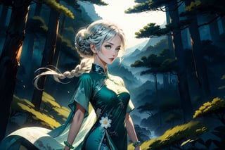 masterpiece, beautiful and aesthetic, ultra detail, intricate, 1female, a celestial ethereal ghostly Fairy, 50 years old, solo, detailed character design, grace, gentle nature, feminine soft face, light green eyes, (long hair, Braided updo, silver hair), hair ornament, tall, slender body frame, collarbone, bead_bracelet, (cheongsam, long, green), (holding a bead_necklace), straight on, dynamic pose, (a single hand in prayer pose), standing atop hill, Chinese martial arts animation style, pine woods in the background, Inspired by Chinese mythology story