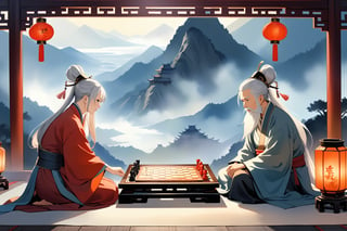 Two elderly sages, wisps of silver hair wisping beneath traditional hats, sit cross-legged on intricately woven silk rugs amidst ancient China's misty mountains. The soft glow of lanterns casts a warm ambiance as they concentrate on the game of Go, their eyes gleaming with intense focus. The chessboard, adorned with delicate carvings, serves as a canvas for their strategic battle.