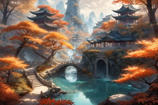 dreamscape {prompt} . surreal, ethereal, dreamy, mysterious, fantasy, highly detailed, masterpiece, beautiful and aesthetic, ultra detail, intricate, Inspired by Chinese mythology story: creating a picturesque view of woods in Autumn,  in ancient China