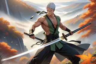 masterpiece, beautiful and aesthetic, ultra detail, intricate, 1male, solo, representation of the legendary martial artist, Roronoa Zoro features, detailed character design, serious expression, (white hair), exquisite body, strong abdominal muscles, (golden armlet:1.2), (black half gloves), black martial arts belt, (black Hanfu, sleeveless), black lace-up ankle brace, (he wields a single golden broadsword, unique and finely detailed). His razor-sharp sword glints in the sunlight, casting a dramatic arc of light and shadow as he deftly chops through the air. The surrounding landscape, a serene misty valley, provides a stunning backdrop to his aerial display. forests, mists, autumn leaves fluttering around