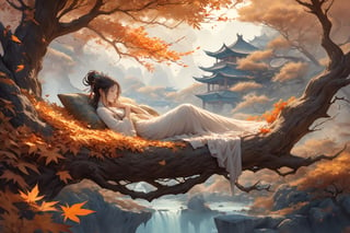 dreamscape {prompt} . surreal, ethereal, dreamy, mysterious, fantasy, highly detailed, masterpiece, beautiful and aesthetic, ultra detail, intricate, Inspired by Chinese mythology story: creating a picturesque view of woods in Autumn, a man takes a nap in a tree, in ancient China.