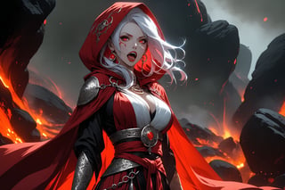 masterpiece, beautiful and aesthetic, ultra detail, intricate, 1female, 40 years old, detailed character design, sorceress, mysterious, (evil expression:1.5), (open mouth:2), (a red mole on forehead:1.2), red eyes, hoop earrings, medium hair, (Split-color Hair, white Hair, red Hair), bangle, short stature, big breasts, red cloak, (hood up:1.5), (Taoist robe, pants, orange), (from side:1.5), (hug pose:1.2), standing on lava, smokey, mysterious colorful, magic effect