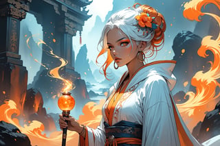 masterpiece, beautiful and aesthetic, ultra detail, intricate, 1female, 40 years old, detailed character design, sorceress, mysterious, a red mole on forehead, orange eyes, hoop earrings, (medium hair, updo, Split-color Hair, white Hair, Orange Hair), hair flower, bangle, short stature, tan skin, hooded cloak, (Taoist long robe, orange), cane, full body, dynamic pose, her hands crackling with arcane energy, standing on lava, smokey, mysterious colorful, magic effect, Sketch art, cross-hatching, colored pencil painting, limited palette, in heavenly palace