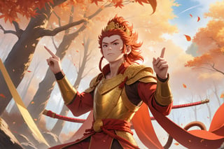 masterpiece, beautiful and aesthetic, ultra detail, intricate, 1male, solo, Monkey King, (monkey features:1.5), detailed character design, (worry expression), (talking), red hafu, golden armor, (a finger point to the sky:1.5), dynamic pose, outdoors, autumn leaves fluttering around, woods