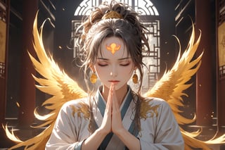 masterpiece, beautiful and aesthetic, ultra detail, intricate, 1female, solo, 50 years old, detailed character design, (sorrow expression), manly, (a phoenix tattoo on forehead:1.5), golden eyes, crescent earrings, (short and messy hair, gradient hair, multicolored hair), (short stature, golden feather wings), (Hanfu, feather), embodying the spirit of the wild, dynamic pose, (hands in prayer pose:1.5), (a golden phoenix in the background), magic effect, dreamlike, indoors, in the ancient Chinese temple